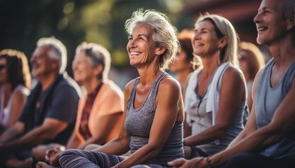 Foto op Plexiglas Yoga fitness, clases y entrenamiento de mujeres mayores para el bienestar de la tercera edad. Personas mayores entusiastas del deporte haciendo ejercicio durante una clase de entrenamiento de yoga. © Crowded Studio