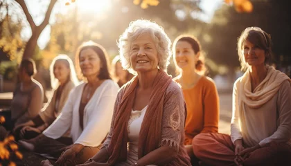 Poster Yoga fitness, clases y entrenamiento de mujeres mayores para el bienestar de la tercera edad. Personas mayores entusiastas del deporte haciendo ejercicio durante una clase de entrenamiento de yoga. © Crowded Studio