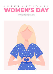 International Womens Day poster. Inspire inclusion 2024 campaign. Hand drawn vector illustration of woman in faceless flat style.