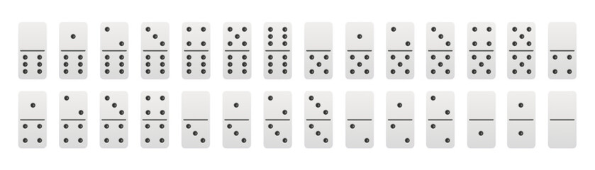 Realistic domino full set. Dominoes bones vector illustration. 28 pieces for game graphic element - obrazy, fototapety, plakaty