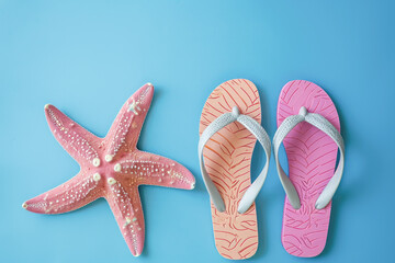 Summer Vibes with Pink Starfish and Flip-Flops on Blue Background