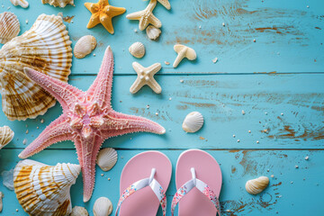Seaside Escape: Starfish and Shells with Flip-Flops on Weathered Blue Wood