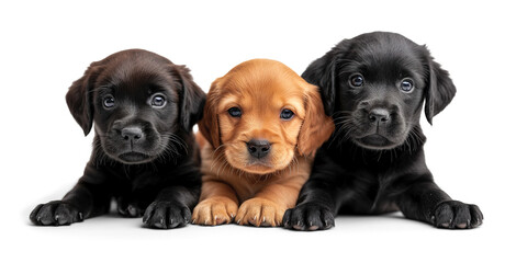 Group of cute Labrador Retriever puppies sitting and looking at the camera isolated on a white transparent background, png