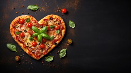 Heart shaped pizza for Valentines day on dark rustic wooden background. Top view, copy space.