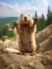 Fototapeta premium Cute alpine marmot, groundhog standing on its paws. screams and whistling after ibernation on springtime. Groundhog day
