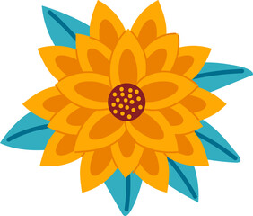 Bright yellow flower with orange hues and blue leaves, simple flat design. Floral decorative element, spring summer bloom vector illustration.