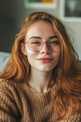 Serene and Stylish - Woman with Glasses and Auburn Hair in a Thoughtful Pose