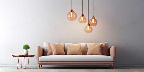 Minimalistic living room with a sofa, copper table, and chandelier in a real photo. - obrazy, fototapety, plakaty