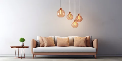 Fotobehang Minimalistic living room with a sofa, copper table, and chandelier in a real photo. © Vusal