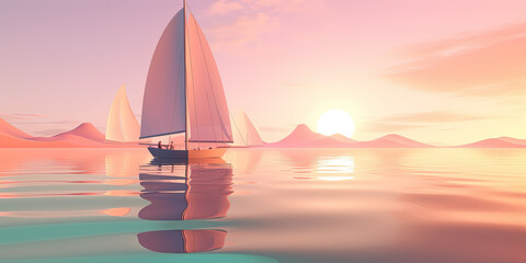 Amazing landscape with a solitary yacht at sea during a polygonal illustrated sunset