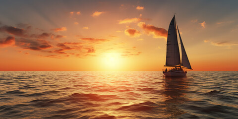 Amazing landscape with a solitary yacht sailing at sunset, a small sailboat
