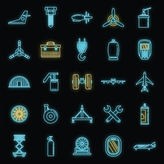 Industry aircraft repair icons set. Outline set of industry aircraft repair vector icons neon color on black