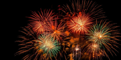 Naklejka premium Colourful Fireworks Blow Up In Night Sky, Marking Christmas Holidays And New Year Eve