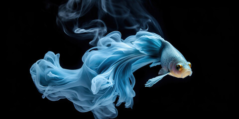 Blue golden fish with a tail like blue smoke is isolated on a black background , generative AI