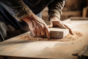 Fototapeta na wymiar Carpenter's hands sanding a piece of wood on a workbench.