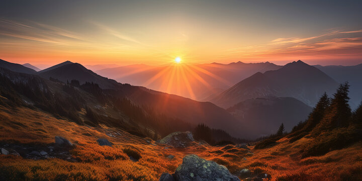 sun ower the horizon line at sunrise in the high mountains, amazing landscape View, generative AI