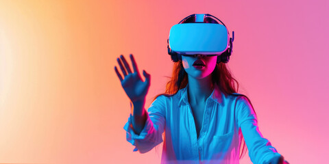 Woman in Blue Shirt with VR Goggles Engaging with Virtual Interface