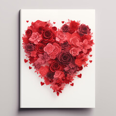 Postcard of paper flowers and petals red heart, heart card for Valentine's Day, red greeting card for sweetheart 