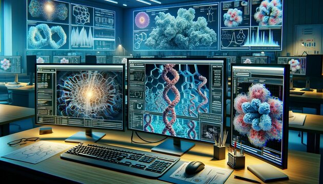 Sophisticated Biotechnology Research Workstation with Molecular Visualizations