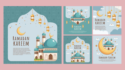 Ramdan mubarak celebration greeting card template. Ramadan kareem social media post vector illustration set. 
