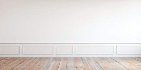 Blurred view in empty room with white wall and wooden floor.