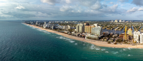 Aerial wide panoramic view of Fort Lauderdale, Florida beach. USA. January 5, 2024.