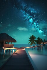 Maldives at night on holiday with the universe in the background - obrazy, fototapety, plakaty