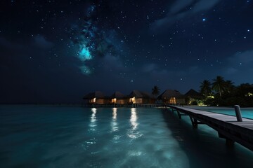 Maldives at night on holiday with the universe in the background - obrazy, fototapety, plakaty