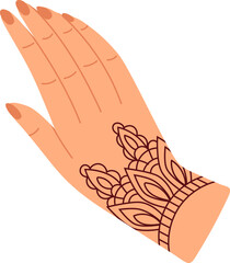 Henna tattoo on woman s hand with detailed design. Cultural body art, traditional mehndi pattern. Indian ethnic henna decoration vector illustration.
