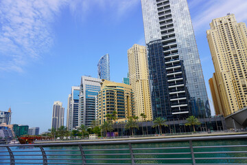 Dubai Marina in Dubai, UAE. View of the skyscrapers and the canal