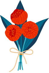 Three red flowers with large petals and blue leaves tied with a beige ribbon. Bouquet of flowers with a bow, simple flat design vector illustration.