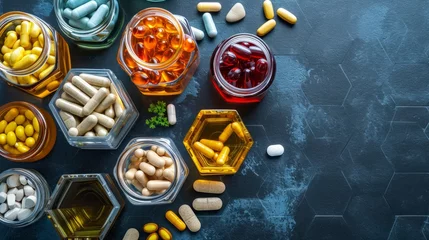 Poster Various capsules and pills with dietary supplements or medicines in hexagonal jars are in the form of a honeycomb © Chingiz