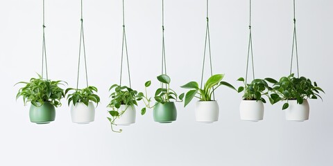 Green potted plants hanging alone on a white surface.