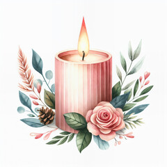 Watercolor candle burning in a candlestick. Flower branches on white isolated background. Element for decor, design, scrapbook, cards, banner. Christmas, New year, Women's day, Valentine's Day concept