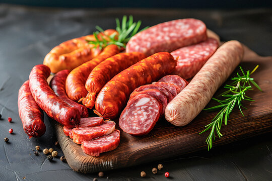 Sausages On A Wooden Board With Dark Background, Smoked Sausage Assortment Isolated