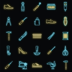 Shoe repair shop icons set. Outline set of shoe repair shop vector icons neon color on black