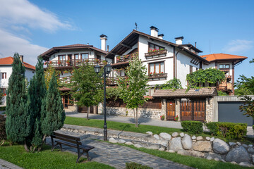Typical street and buildings at old town of Bansko, Bulgaria