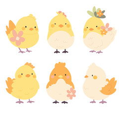 Set of cute cartoon chickens. Funny yellow chickens in different poses, vector