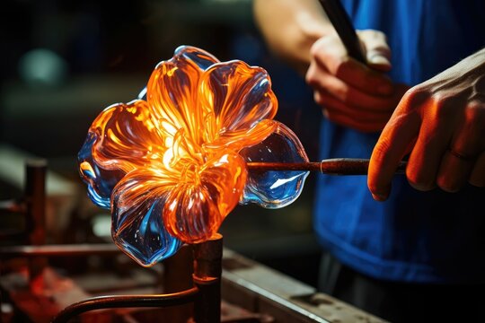 Glowing orange glass flower being crafted by a skilled glassblower.