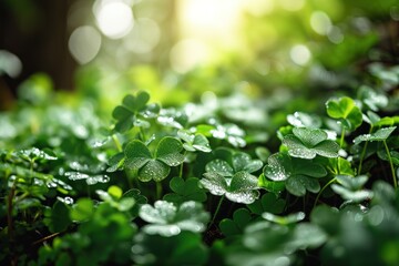 Fototapeta na wymiar Green clover leaves with dew drops. Green clover leaves in sunlight. St. Patrick's Day background. St. Patrick's Day background with shamrocks and bokeh. Saint Patrick's Day Concept with Copy Space.