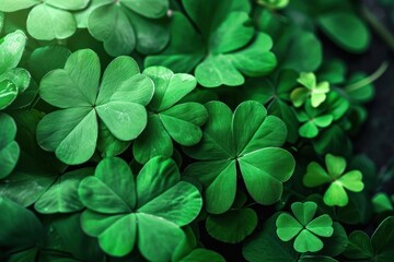 Green clover leaves with dew drops.  Green clover leaves in sunlight. St. Patrick's Day background. St. Patrick's Day background with shamrocks and bokeh. Saint Patrick's Day Concept with Copy Space. - obrazy, fototapety, plakaty