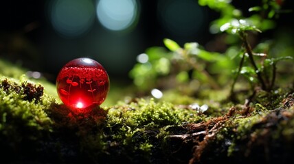 A single cranberry resting on a bed of moss in a lush forest, surrounded by fallen leaves -Generative Ai