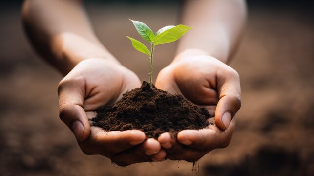Hands holding soil with new plant nature green earth ecology concept. Generate AI image
