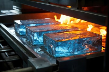 Molten glass blocks in furnace with intense flames.