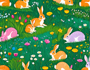 Easter bunny in a meadow with colorful flowers, Easter festival