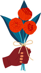 Hand holding red flowers with dark blue leaves and a straw bow tie. Gift of flowers, botanical flat design vector illustration.