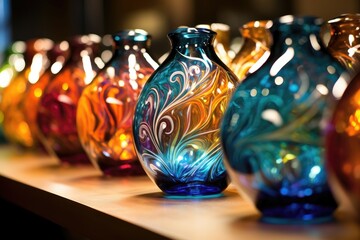 Row of vibrant handcrafted glass vases with intricate patterns. - obrazy, fototapety, plakaty