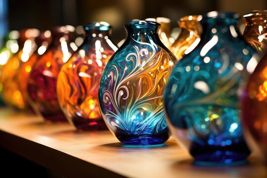 Row of vibrant handcrafted glass vases with intricate patterns.