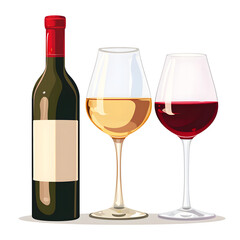 Wine glasses and bottle isolated on white background, flat design, png
