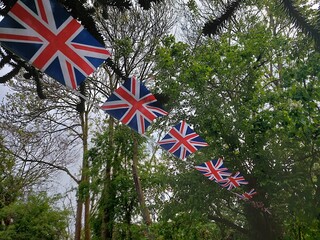 union jack flags with a tree backgound